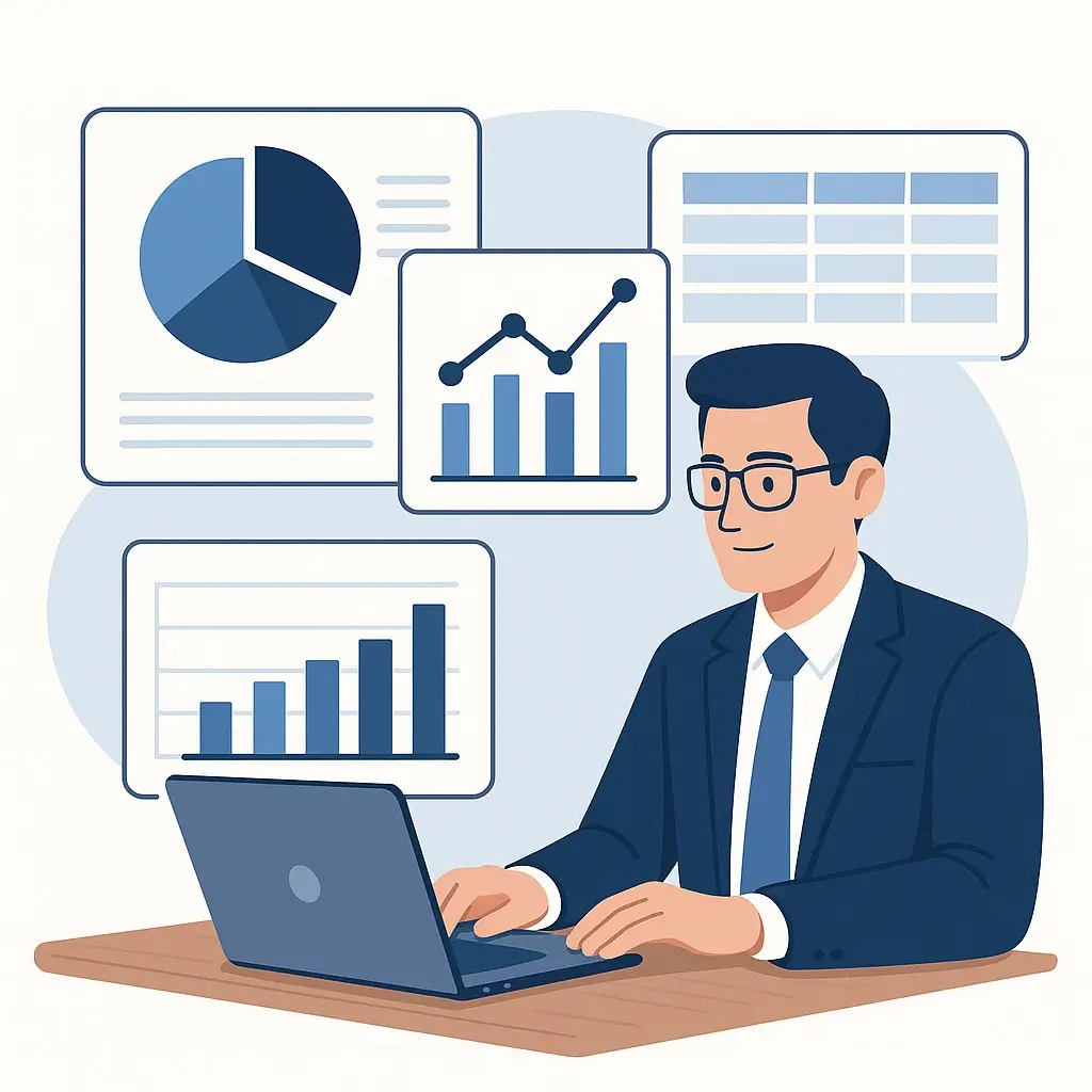 Ilustracja przedstawiająca użytkownika analizującego raporty i wskaźniki w module Business Intelligence enova365