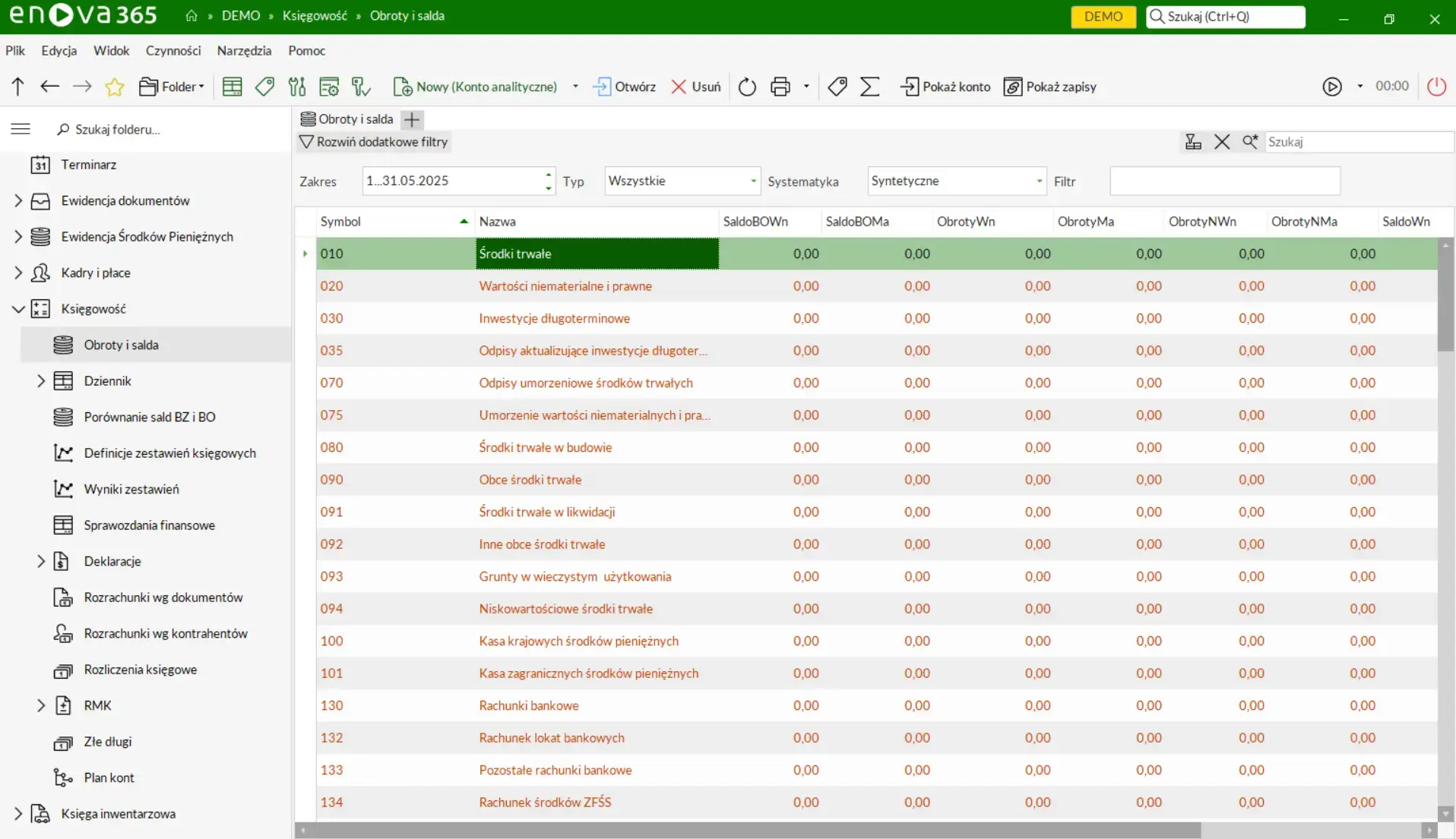 Widok modułu Księgowość w systemie enova365 – zestawienie obrotów i sald kont księgowych