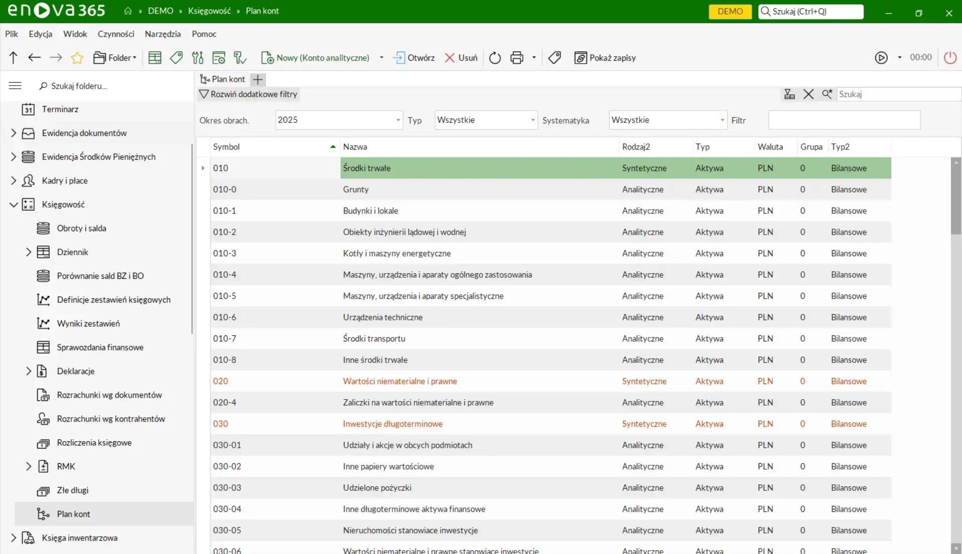 Widok modułu Księgowość w enova365 – plan kont z listą kont syntetycznych i analitycznych