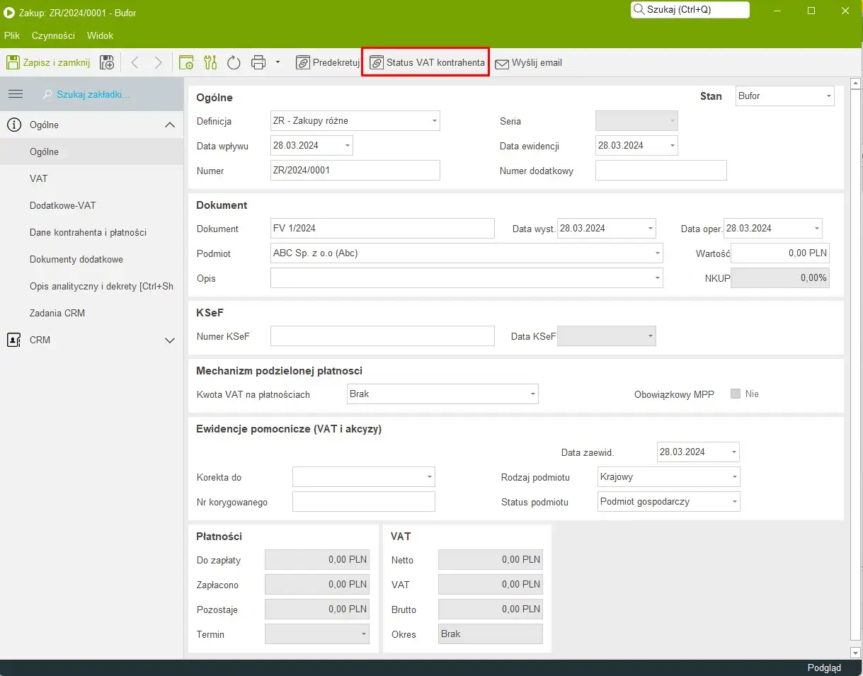 Widok modułu Księgowość w enova365 – formularz dokumentu zakupu z danymi VAT i kontrahenta