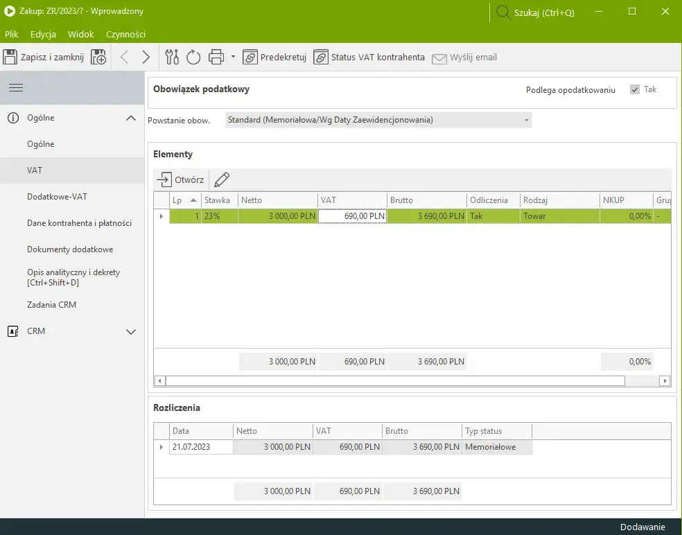 Widok modułu Księgowość w enova365 – ewidencja VAT z rozliczeniem podatku od towarów i usług