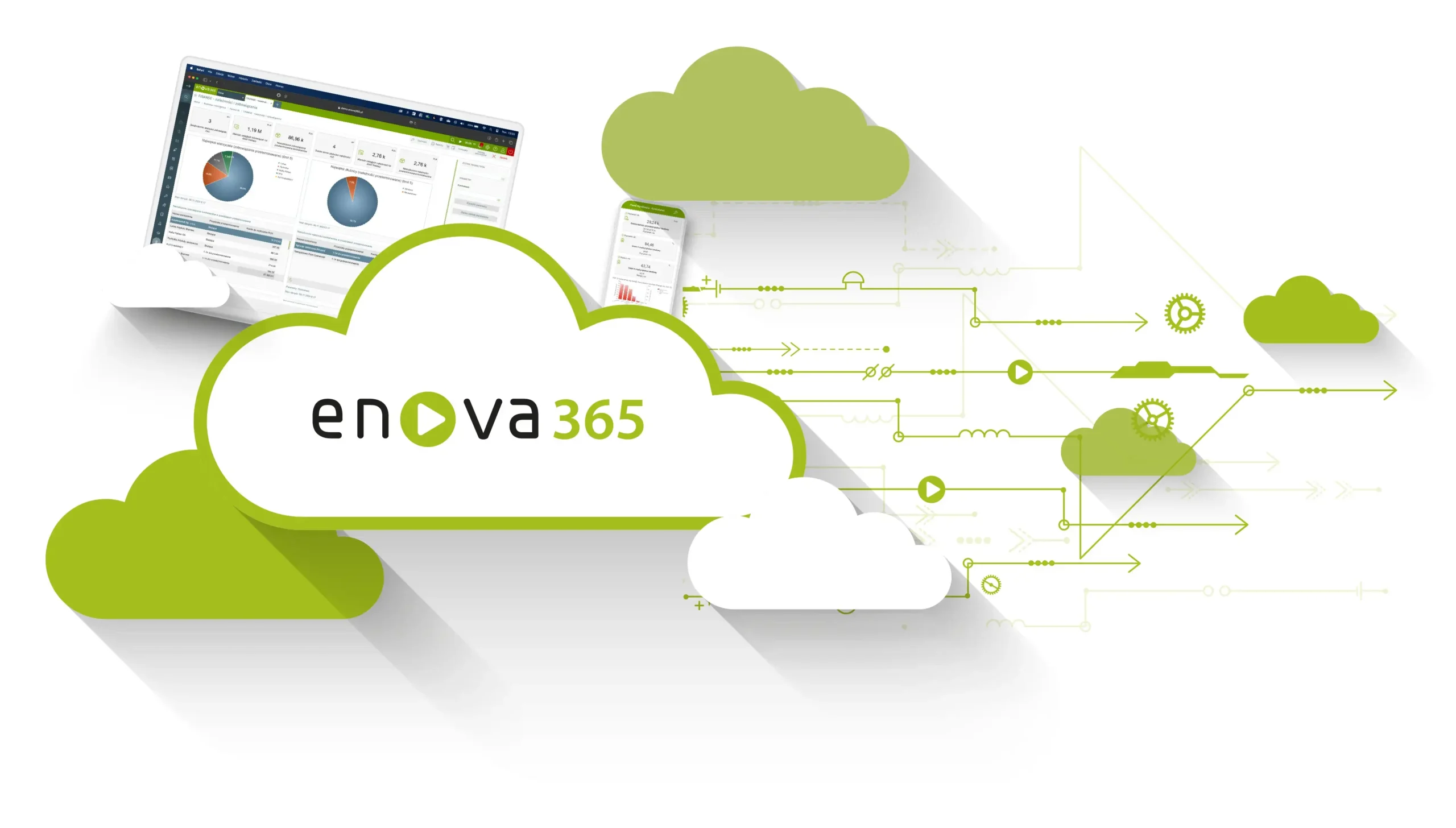 Logo enova365 na tle chmur symbolizujących rozwiązanie księgowe w chmurze