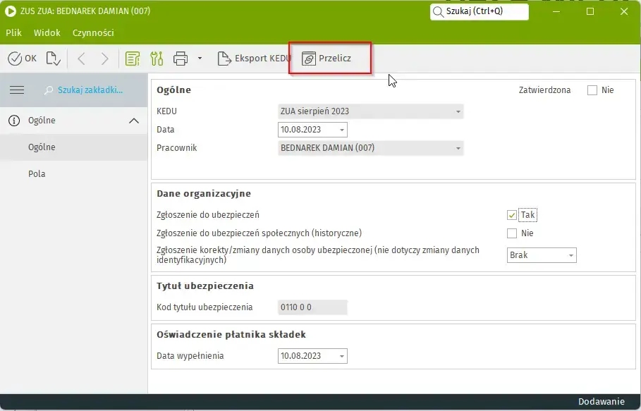 Widok formularza ZUS ZUA w systemie enova365 – zgłoszenie pracownika do ubezpieczenia społecznego
